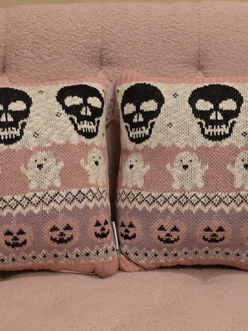 Pink Halloween Knit Throw Pillow Pair with Skull,Ghost, & Jack-o-lantern Motif